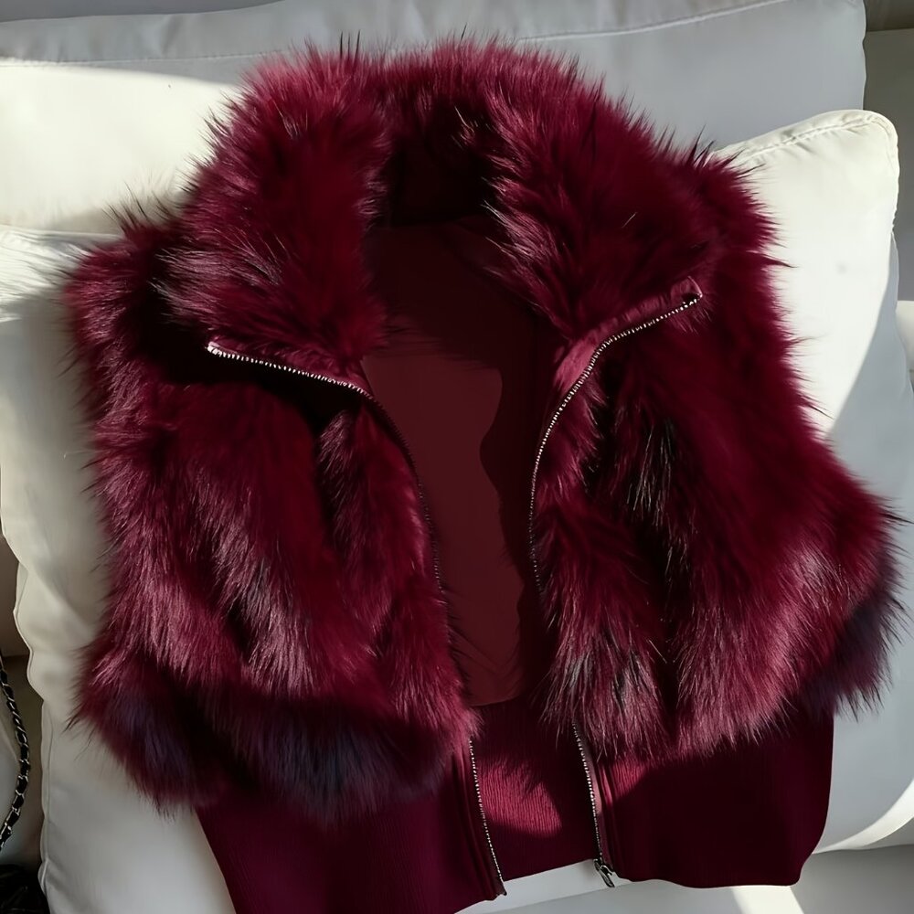 Burgundy Faux Fur Sleeveless Zip Jacket | High Collar Cropped Vest | XXL (14) - Picture 5 of 9
